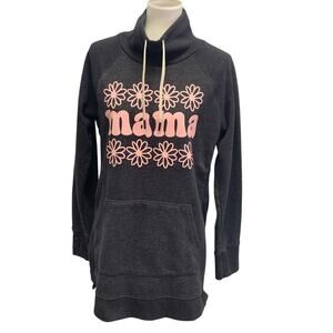 Hand Printed Upcycled Womens Large MAMA Mock Hoodie Front Pocket Sweatshirt